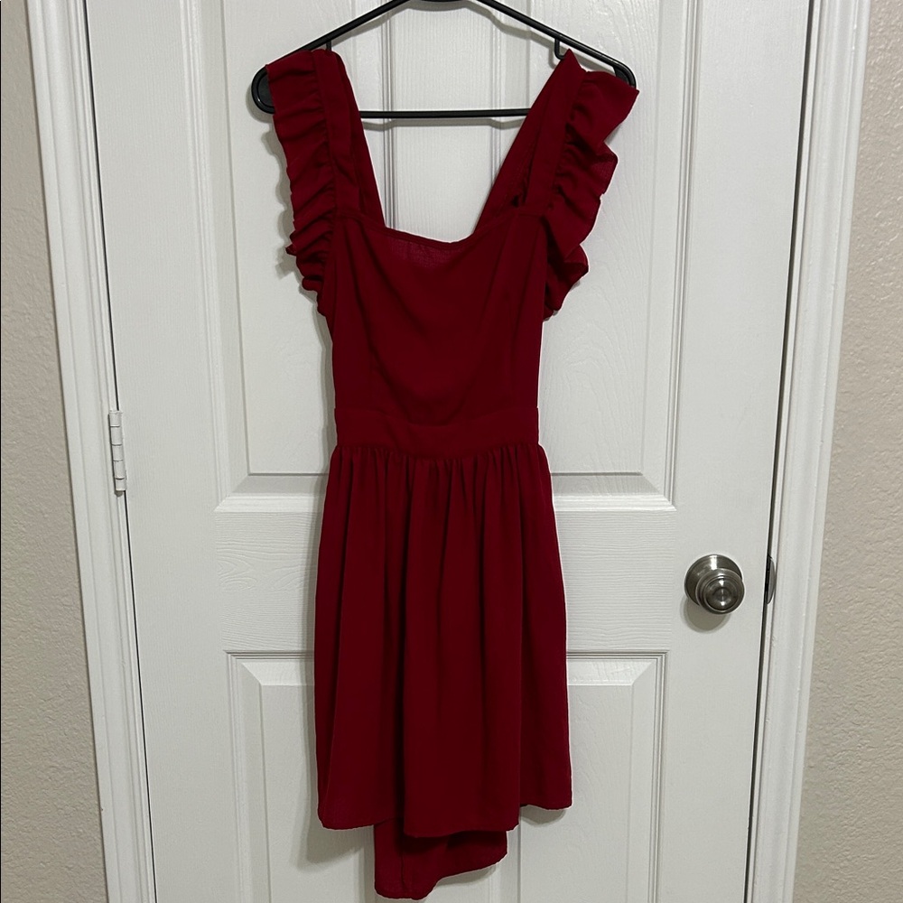 SOLD
Elegant Red Ruffle Open Keyhole Tie Bow Back Mini Dress